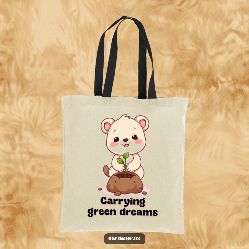 Funny animal character tote bag planting a smiling seed, showcasing nurturing humor.