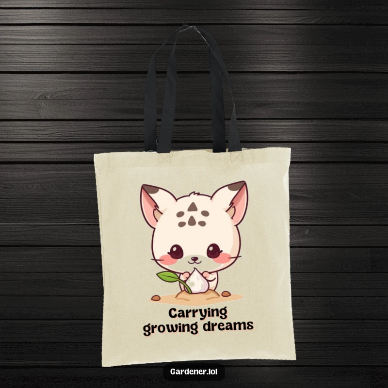 Funny tote bag with a cute animal character curiously peeking at a sprouting seed, ideal for eco-conscious individuals and gardeners.