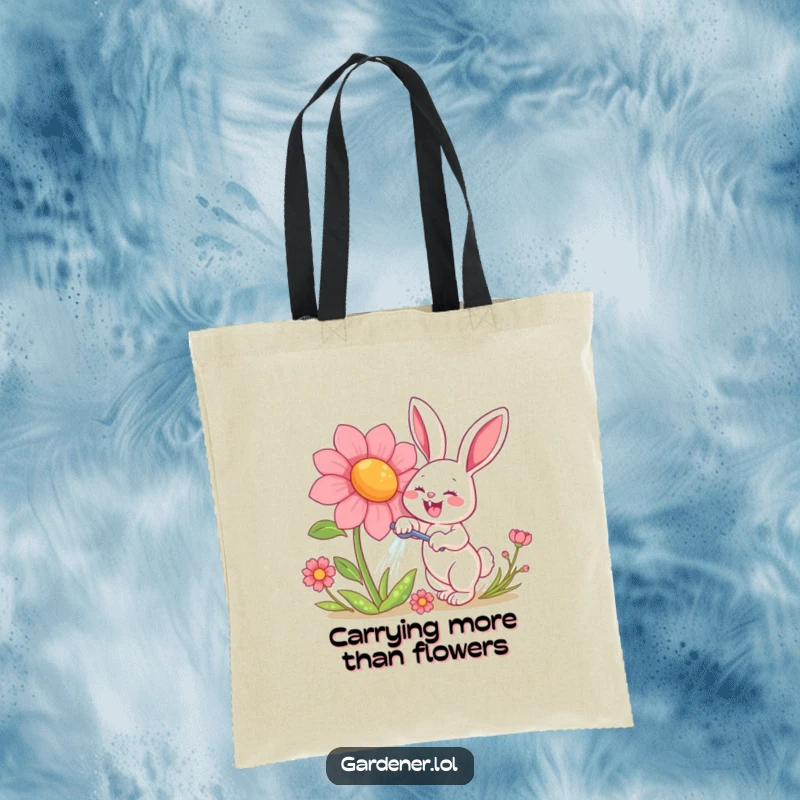Funny tote bag showcasing a happy rabbit character gleefully watering a giant, smiling flower, ideal for shopping with a touch of garden humor.