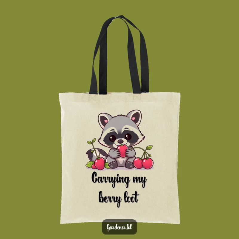 Funny Kawaii Raccoon Gardener Tote Bag, Mischievous Berry Pouch, Eco-Friendly Gift