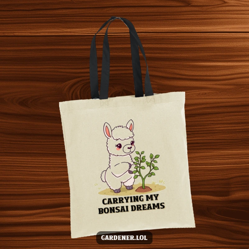 Funny Llama Gardener Tote Bag: A delightful llama gardener meticulously cares for a small tree, ready for errands and laughs.
