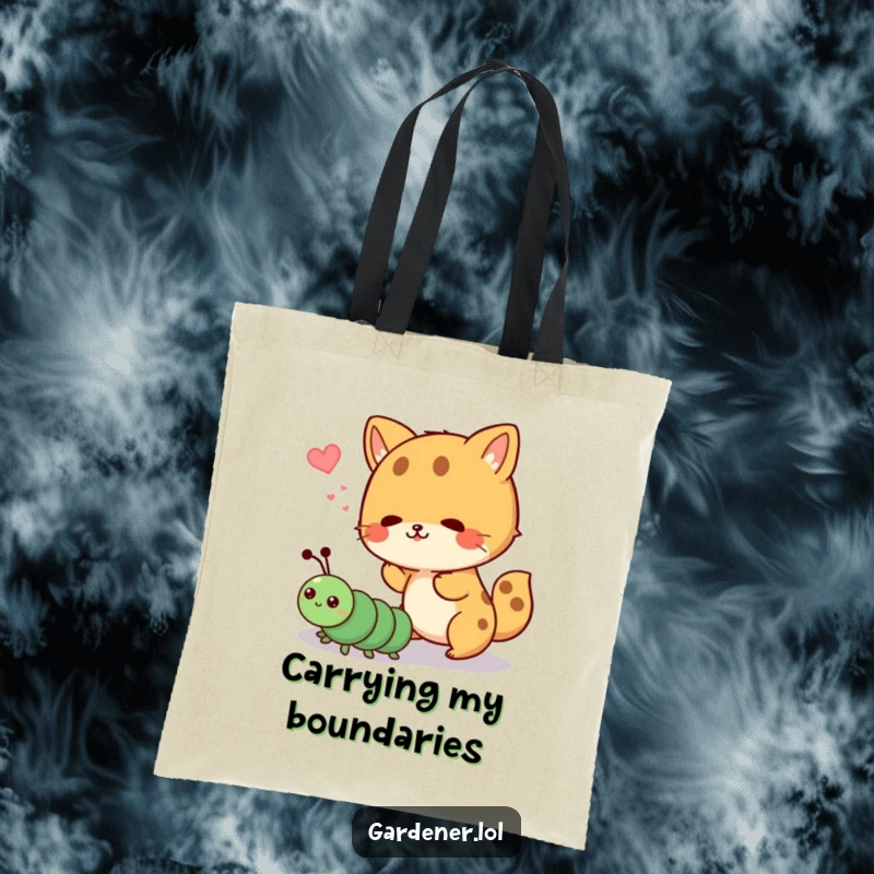 Funny tote bag showing a cute animal character energetically shooing away a cartoon caterpillar, a delightful scene of playful animal behavior.