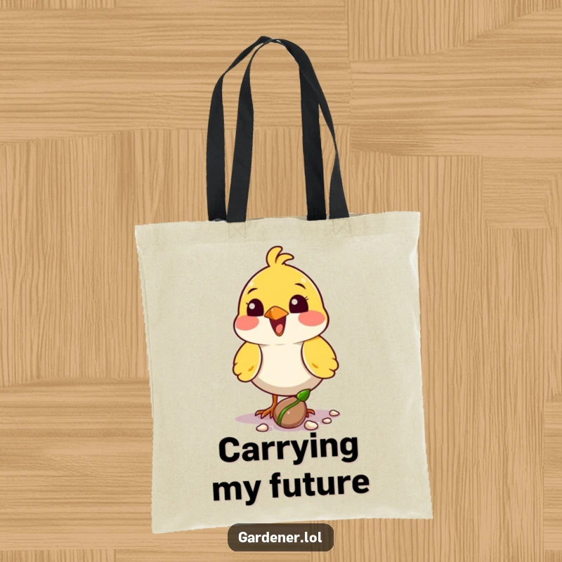 Funny bird planter tote bag featuring a delighted character planting a seed with its beak, perfect for carrying supplies.