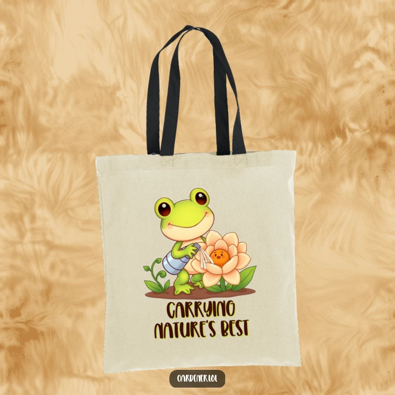 Funny Kawaii Frog Tote Bag: Happy frog gardener watering a giant smiling flower, a cute and humorous design for carrying essentials and spreading joy, a great gift.