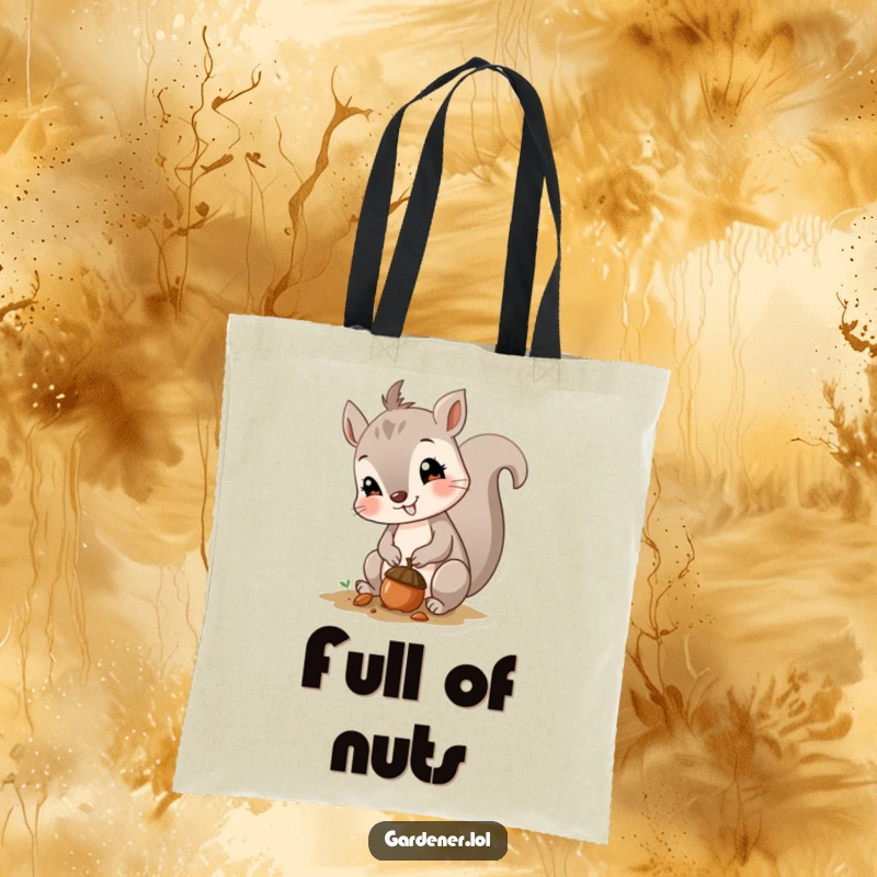 Funny tote bag with a curious squirrel planting an acorn with a smile, ideal for stylish and humorous everyday use.