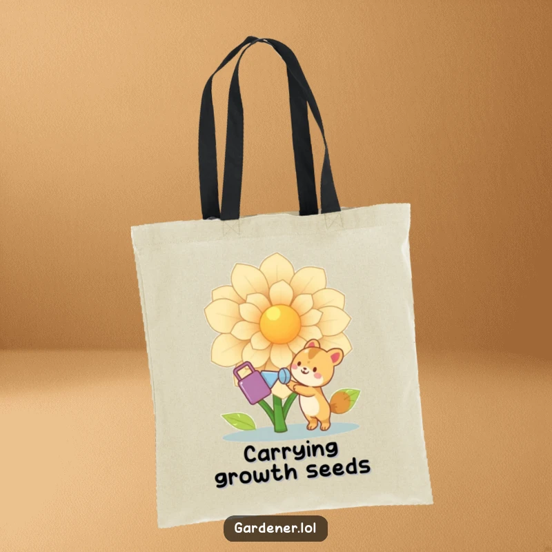 Funny Animal Gardener Tote Bag: Cute joyful animal character waters a giant flower with a watering can, a humorous and practical accessory for plant lovers.