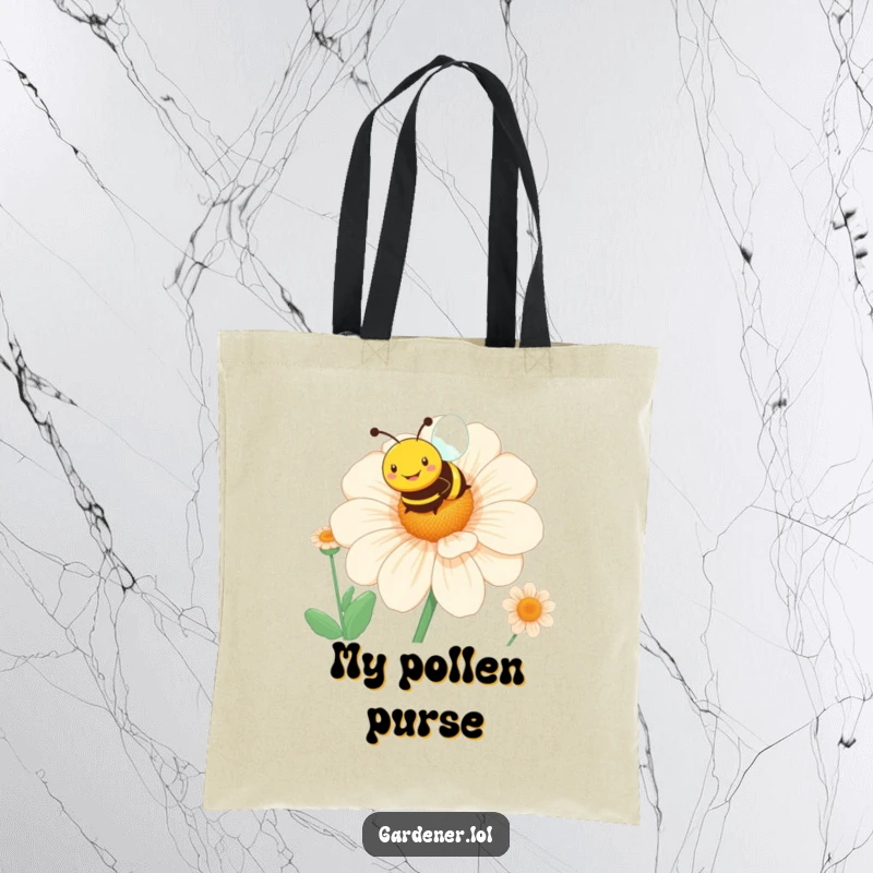 Funny bee tote bag featuring a smiling character hovering over a giant blooming flower, perfect for shopping.