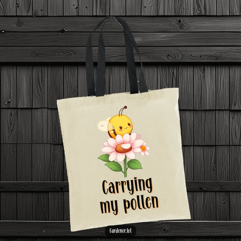 Funny tote bag depicting a character imitating a busy bee buzzing around a flower. A charming and useful funny gift.