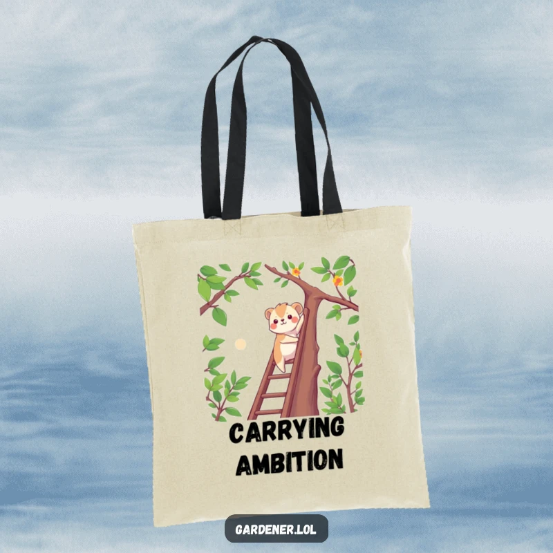 Funny determined animal climbing a ladder to reach high branches, durable canvas tote bag, motivational accessory.
