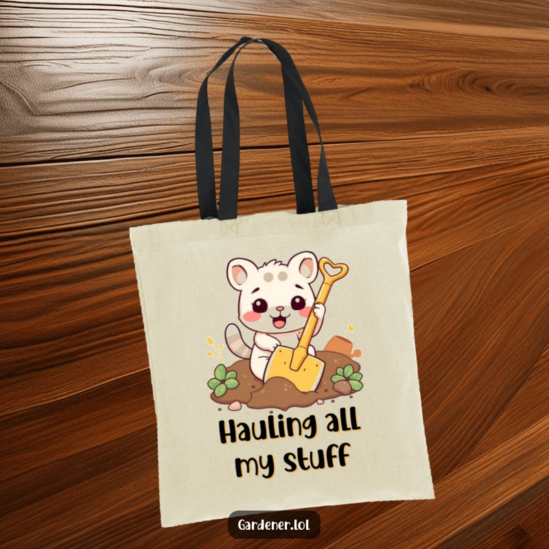 Funny tote bag with a kawaii animal character enthusiastically digging soil with a comically large shovel.