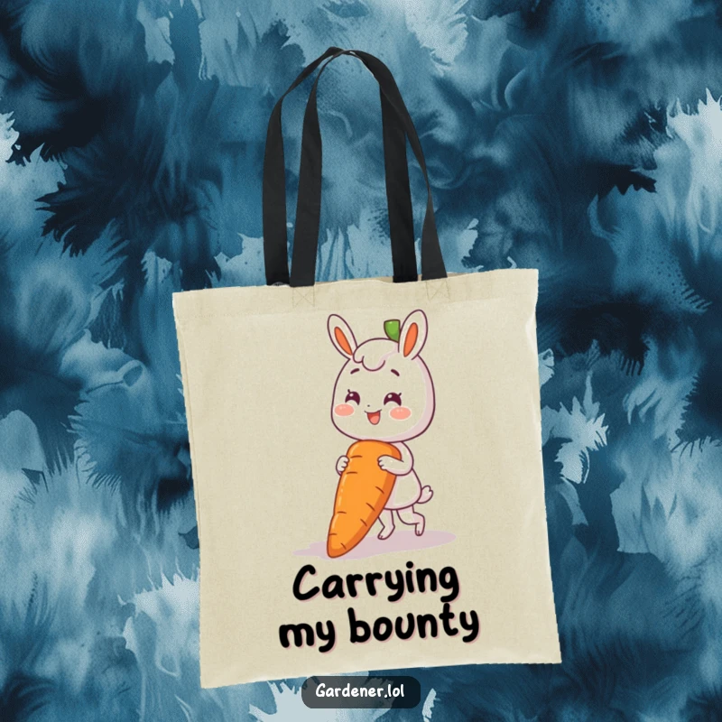Funny tote bag with a smiling character pulling an enormous carrot from the ground, a harvest delight.