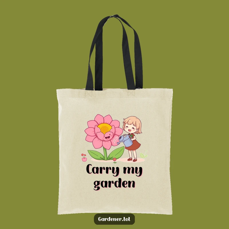 Funny Floral Tote Bag: Joyful Character Watering Flower, Eco-Friendly Funny Gift