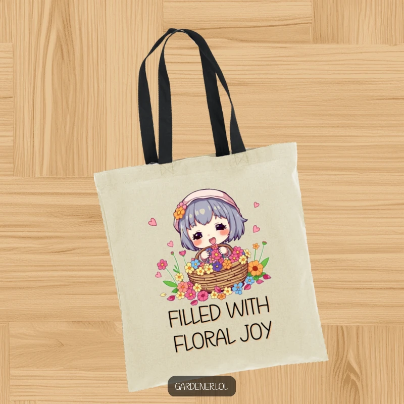 Funny tote bag with a character excitedly gathering flower petals into a basket, ideal for shopping.