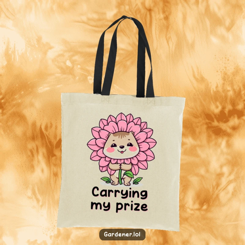 Funny tote bag: A cheerful animal gardener proudly holds a ridiculously large flower, perfect for carrying groceries or garden finds.