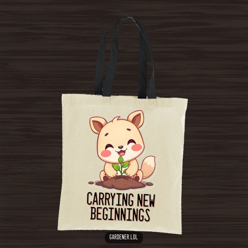 Funny happy animal planting a tiny seedling with a big smile, durable canvas tote bag, cute gardening accessory.