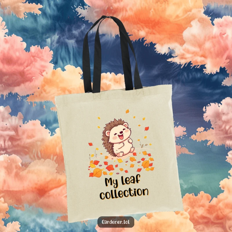 Funny Hedgehog Gardener Tote Bag: A happy hedgehog rolls downhill amidst fallen leaves, ready to carry your essentials and spread joy.