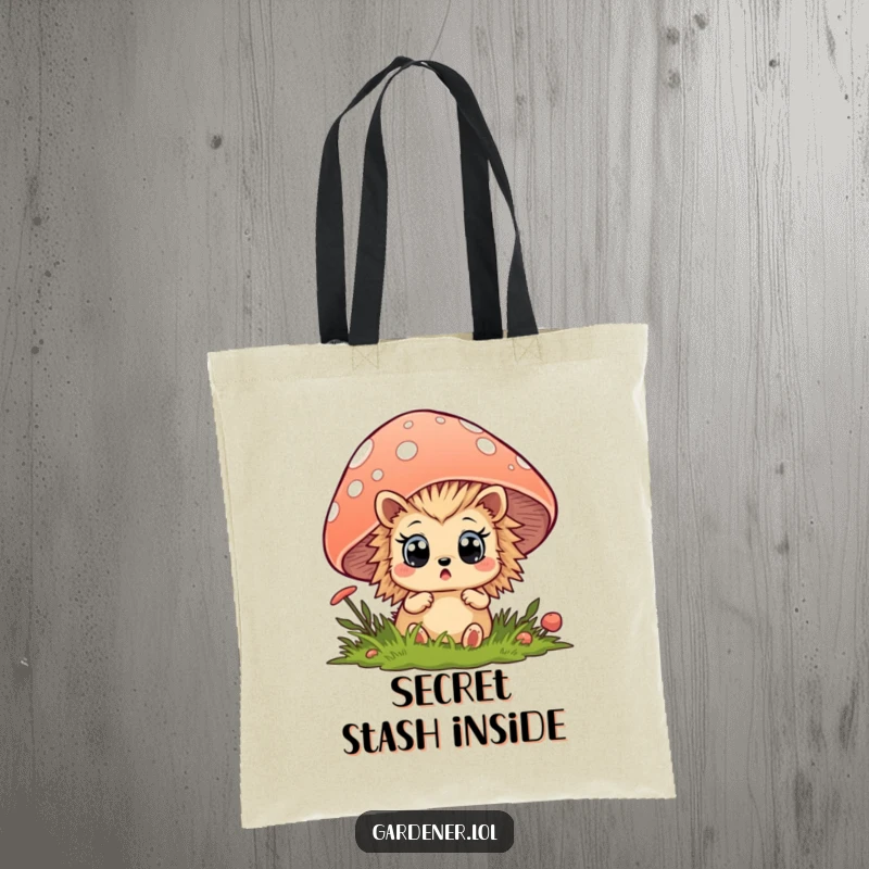 Funny hedgehog tote bag showcasing a surprised animal peeking from behind a mushroom, a delightful accessory for daily use.