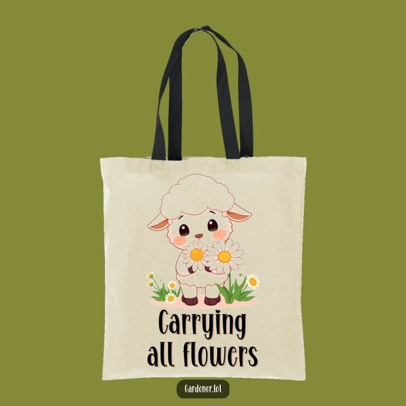 Funny Kawaii Sheep Gardener Tote Bag, Cheerful Daisy Carrier, Eco-Friendly Gift