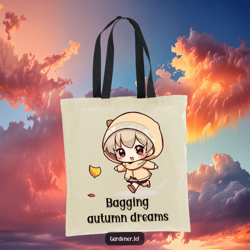 Funny Tote Bag: A character playfully chases a falling leaf, embodying the spirited fun of autumn adventures and collecting treasures.