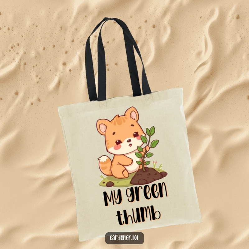 Funny tote bag with a cute animal character happily planting a small sapling, ideal for carrying groceries and promoting green living.