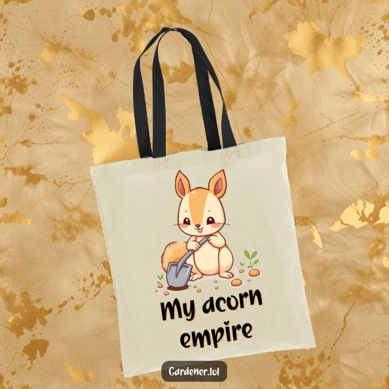 Funny squirrel artistically planting seeds using a tiny shovel, featured on a durable tote bag.