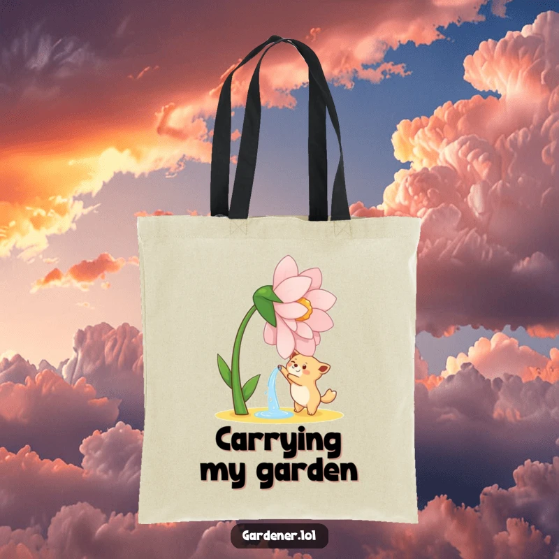 Funny tote bag with a cute animal character joyfully watering a giant, dancing flower, ideal for garden supplies.
