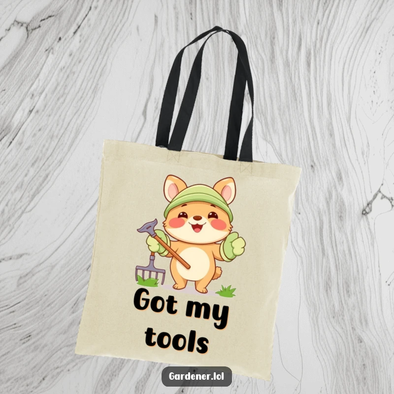 Funny Tote Bag: A joyful animal character happily holds a rake, wearing oversized gardening gloves, ready for yard work.