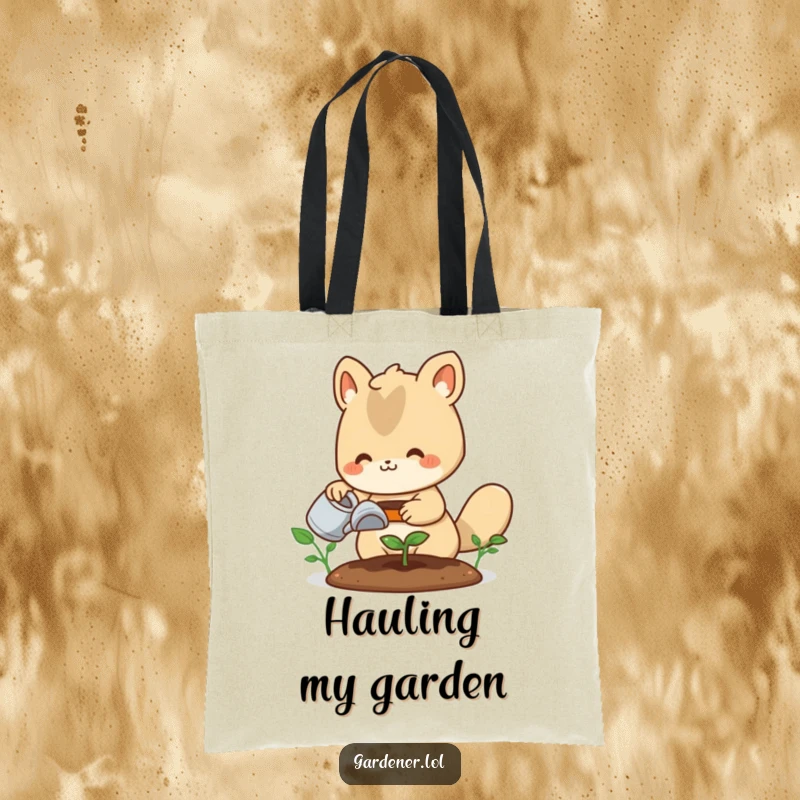 Funny tote bag: A happy animal gardener tenderly waters a tiny sprout, perfect for carrying gardening supplies or everyday items.