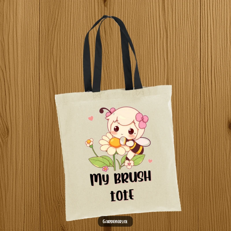 Funny tote bag featuring a character playfully pollinating a flower with a fluffy brush, perfect for stylish and nature-themed carrying.
