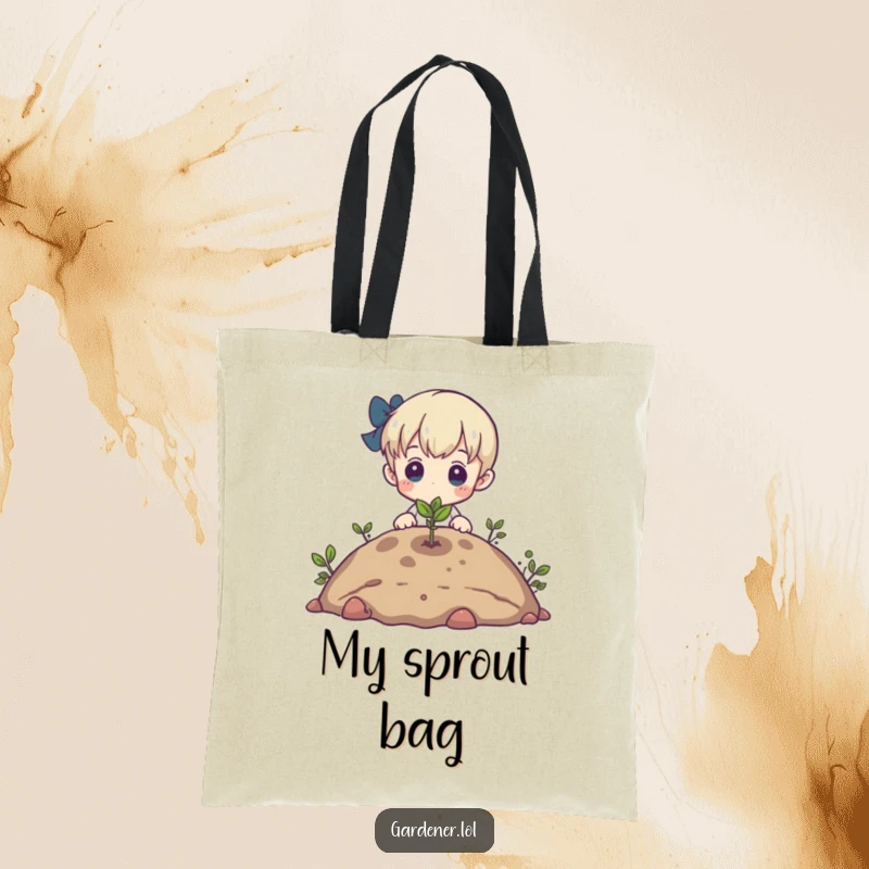 Funny tote bag featuring a character admiring a tiny sprout emerging from the earth, perfect for stylish and nature-themed carrying.