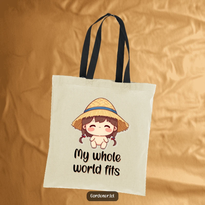 Funny tote bag with a character wearing a straw hat that is a bit too large, ideal for shopping.