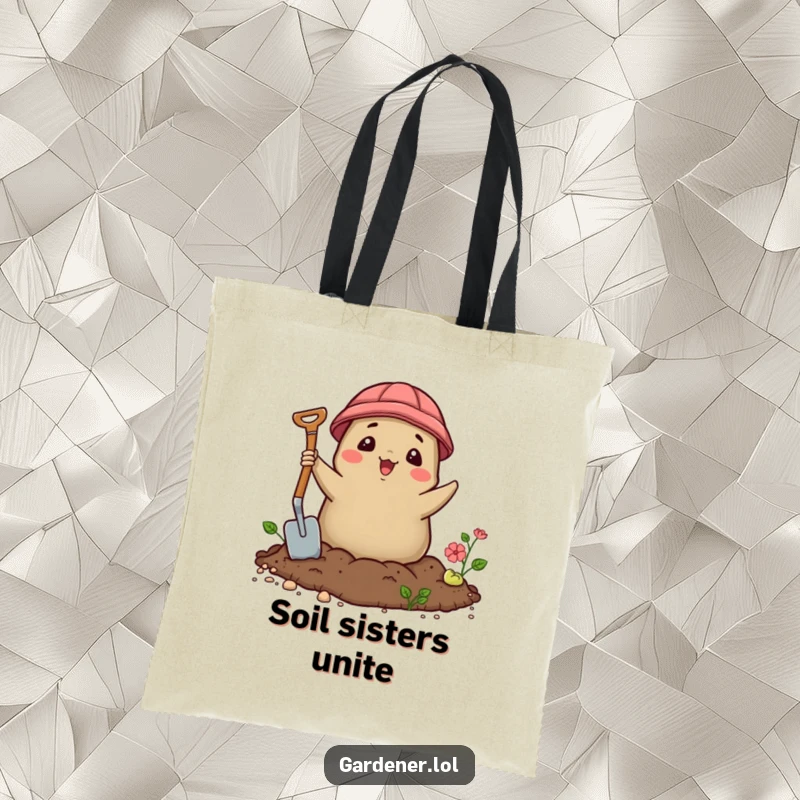Funny Kawaii mole gardener tote bag showing a delighted character emerging from soil with a trowel, useful and funny.